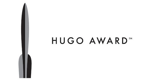 Upright silver rocket representing the Hugo Award, and the words Hugo Award TM