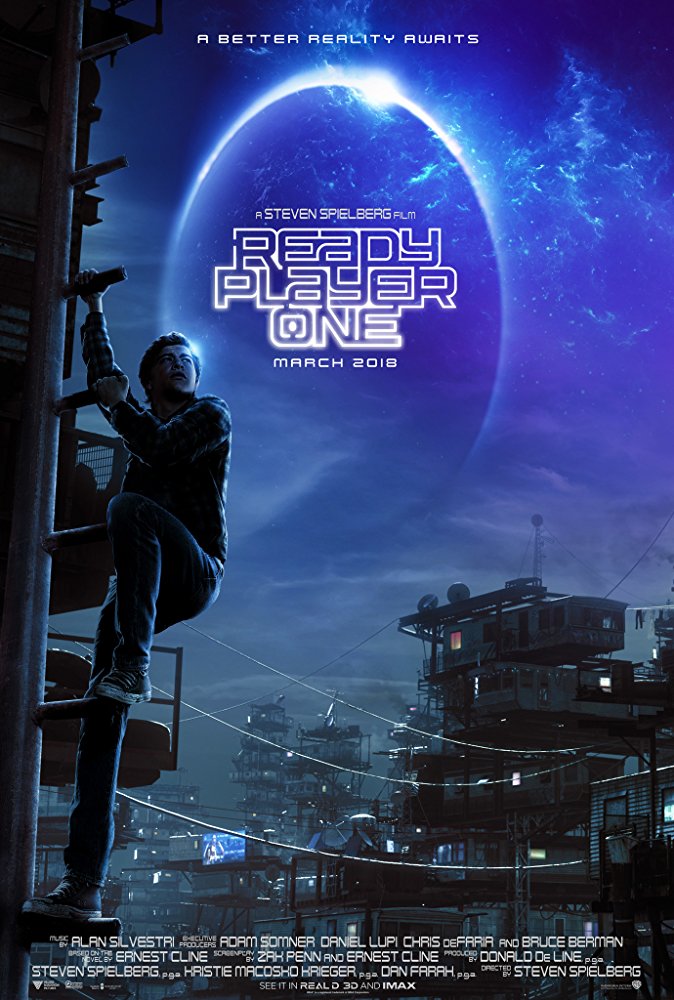 Ready Player One movie poster showing main character climbing the side of a building against a dark sky