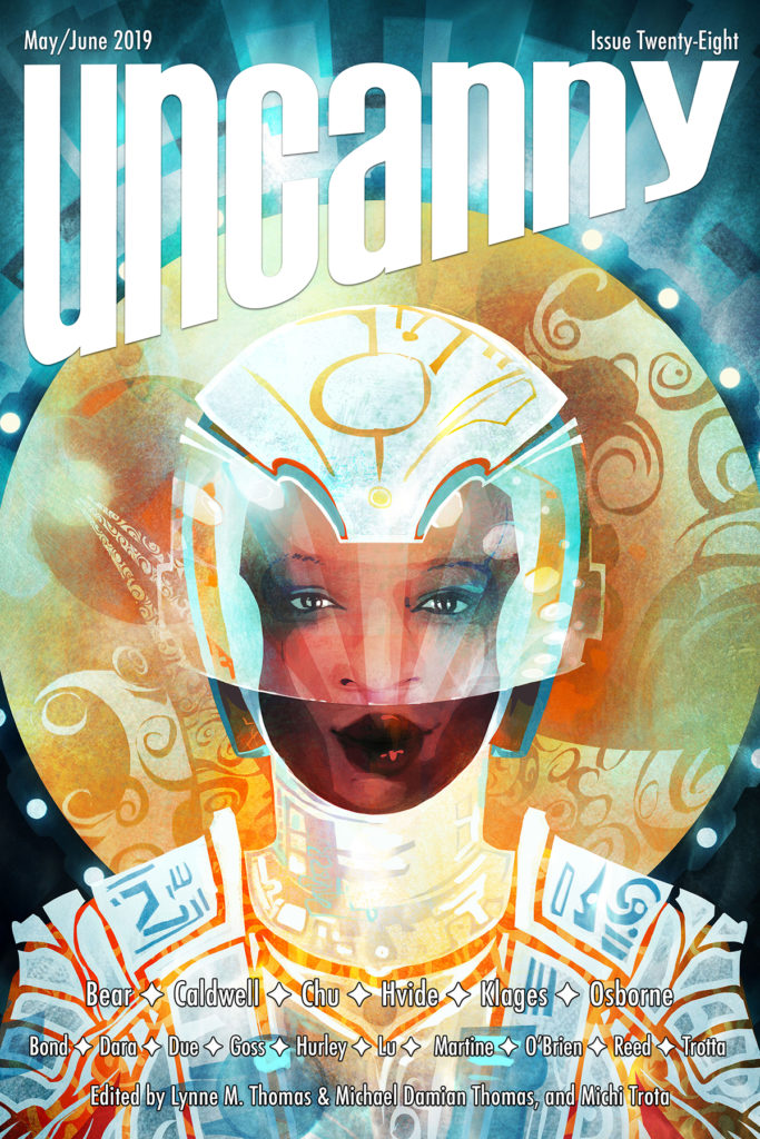 Cover for Uncanny Magazine Issue 28: A black woman in a white helmet and armor, looking through a visor, against a stylized sun and aqua background.